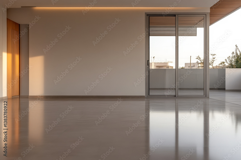Fototapeta premium Modern empty room with reflective floor and large glass doors in bright sunlight