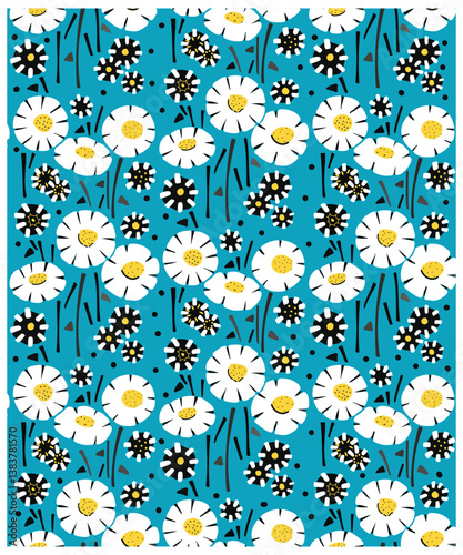 Pattern of stylized white daisies with yellow centers on a blue background.

