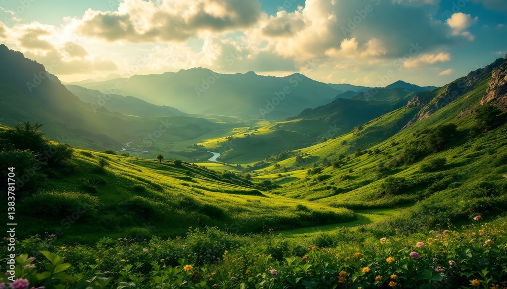 Obraz premium Rolling Green Hills And Valley Landscape With River Under Golden Sunlight Scenery