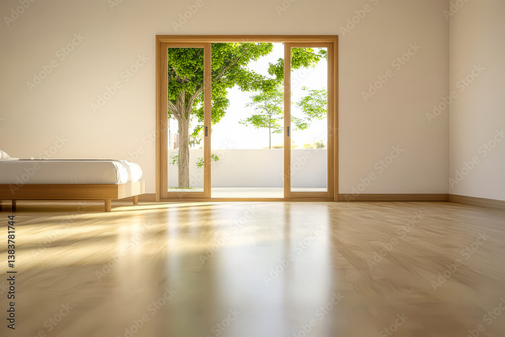 Fototapeta premium Bright and spacious minimalistic bedroom with view of outdoor greenery in morning light