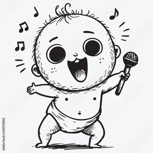 A unique and funny baby, a toddler drawn with hand-drawn lines, singing and dancing happily stock illustration