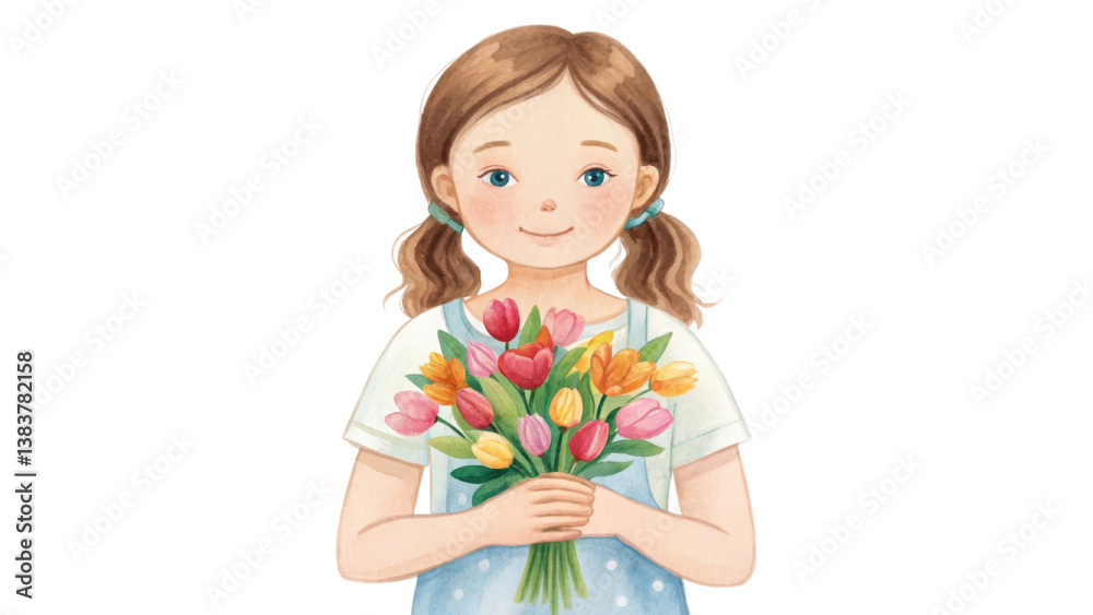 A young girl smiles while holding a colorful bouquet of flowers, showcasing innocence and joy against a dark background. A young girl smiles while holding a colorful bouquet of flowers, showcasing innocence and joy against a dark background.