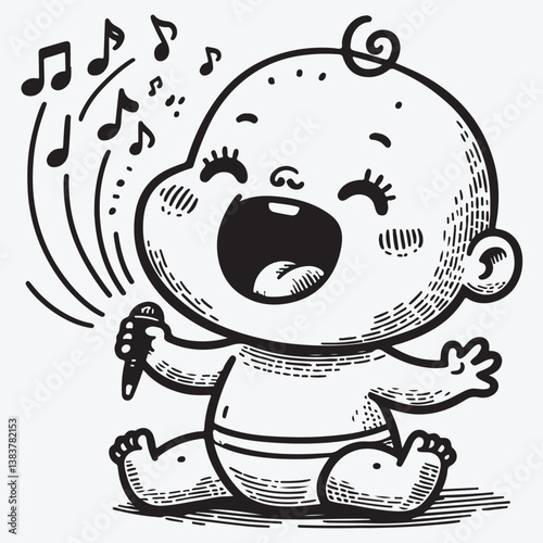 A unique and funny baby, a toddler drawn with hand-drawn lines, singing and dancing happily stock illustration
