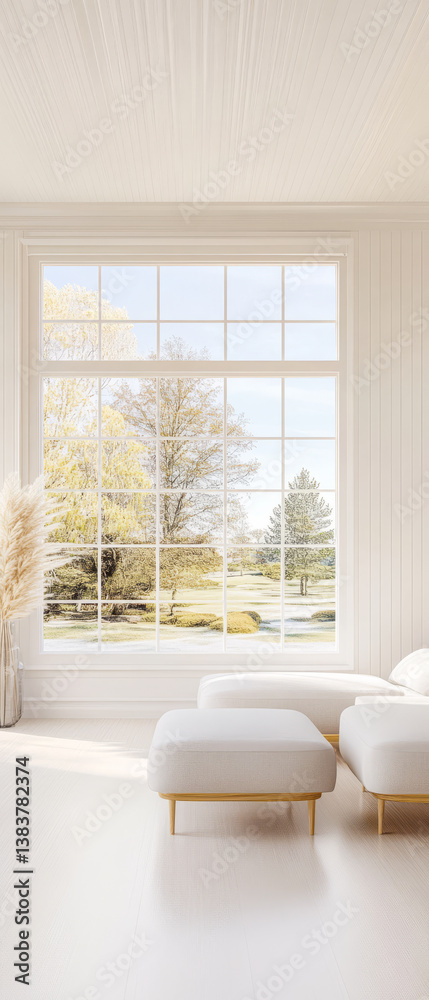 Fototapeta premium Bright modern living room with large window overlooking tranquil nature scene