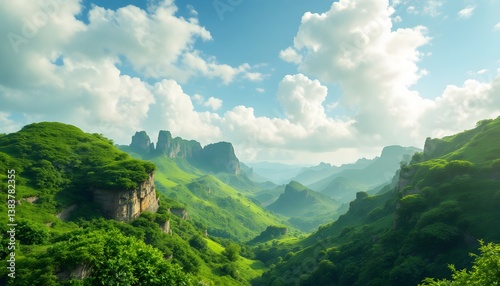 Verdant Mountain Landscape With Rolling Hills And Dramatic Rock Formations Under A Bright Sky