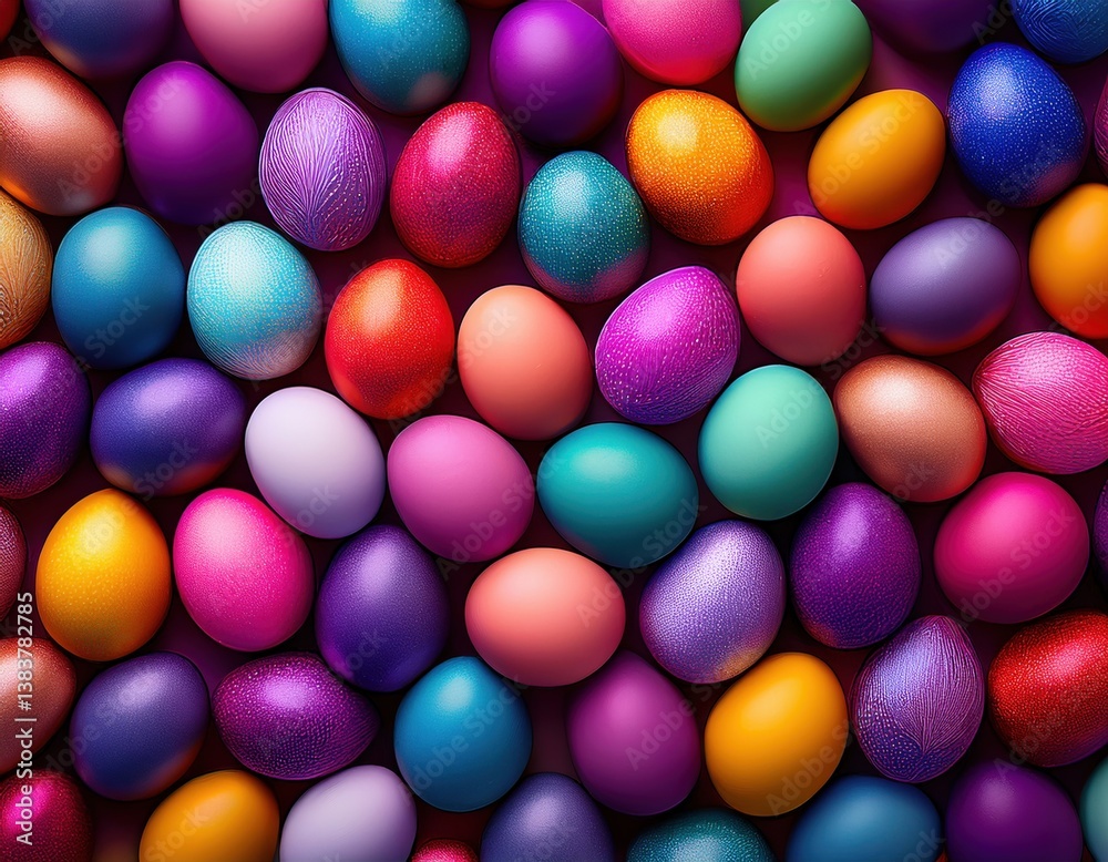 Obraz premium Brightly colored Easter eggs are arranged together, symbolizing joy and renewal of spring.