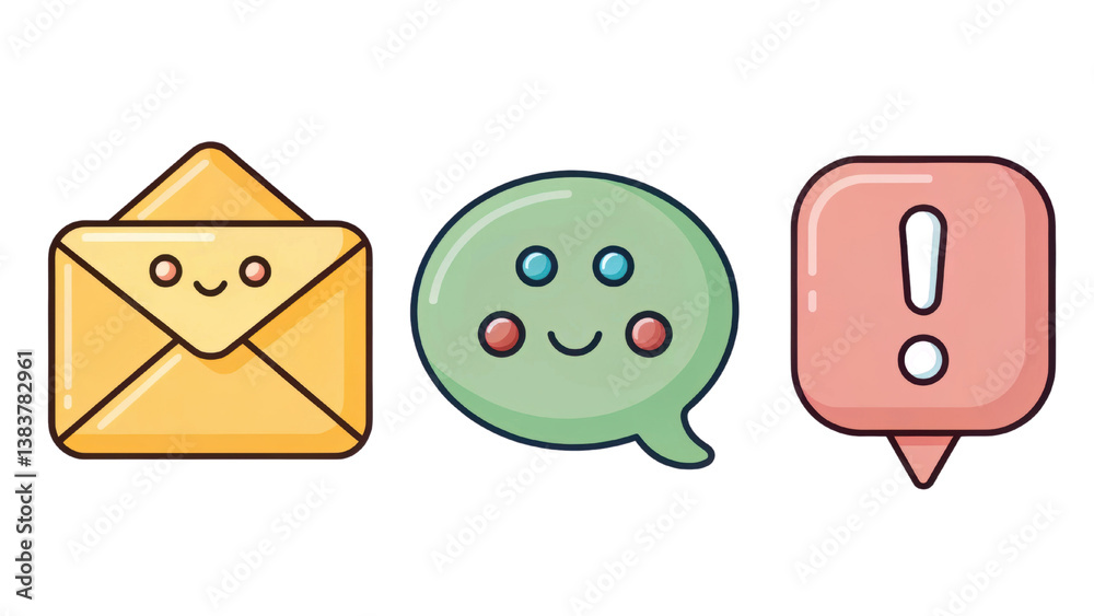 Fototapeta premium Three cheerful icons representing communication: an envelope, a speech bubble, and an alert symbol, all with friendly expressions against a black background.