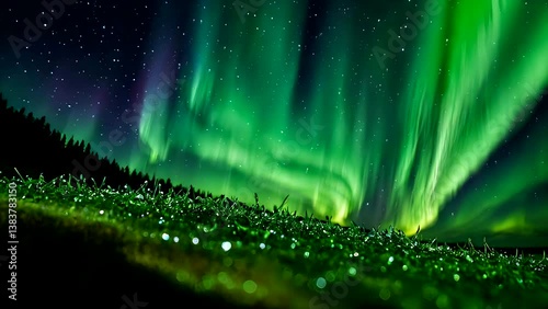 Green northern lights glowing above night forest and sparkling dewy grass in foreground. Atmospheric nature concept
