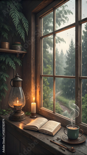Cozy Window with Lantern and Open Book Overlooking Rainy Forest – Warm and Tranquil Indoor Escape
