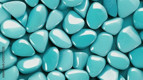 A close-up view of smooth, glossy turquoise pebbles arranged closely together, creating a vibrant and colorful texture. Mineral pattern macro background.