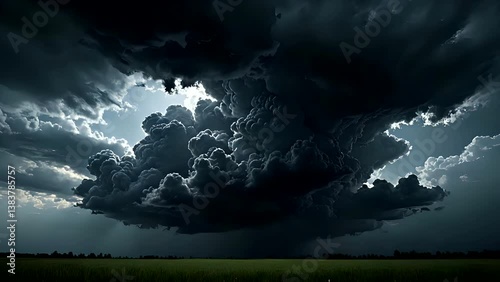 Massive dark storm clouds swirling above open field under dramatic sky before rainfall. Extreme weather concept