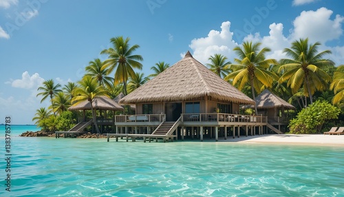 Tropical paradise featuring thatched-roof bungalows on stilts over turquoise waters, surrounded by lush palm trees and blue skies.