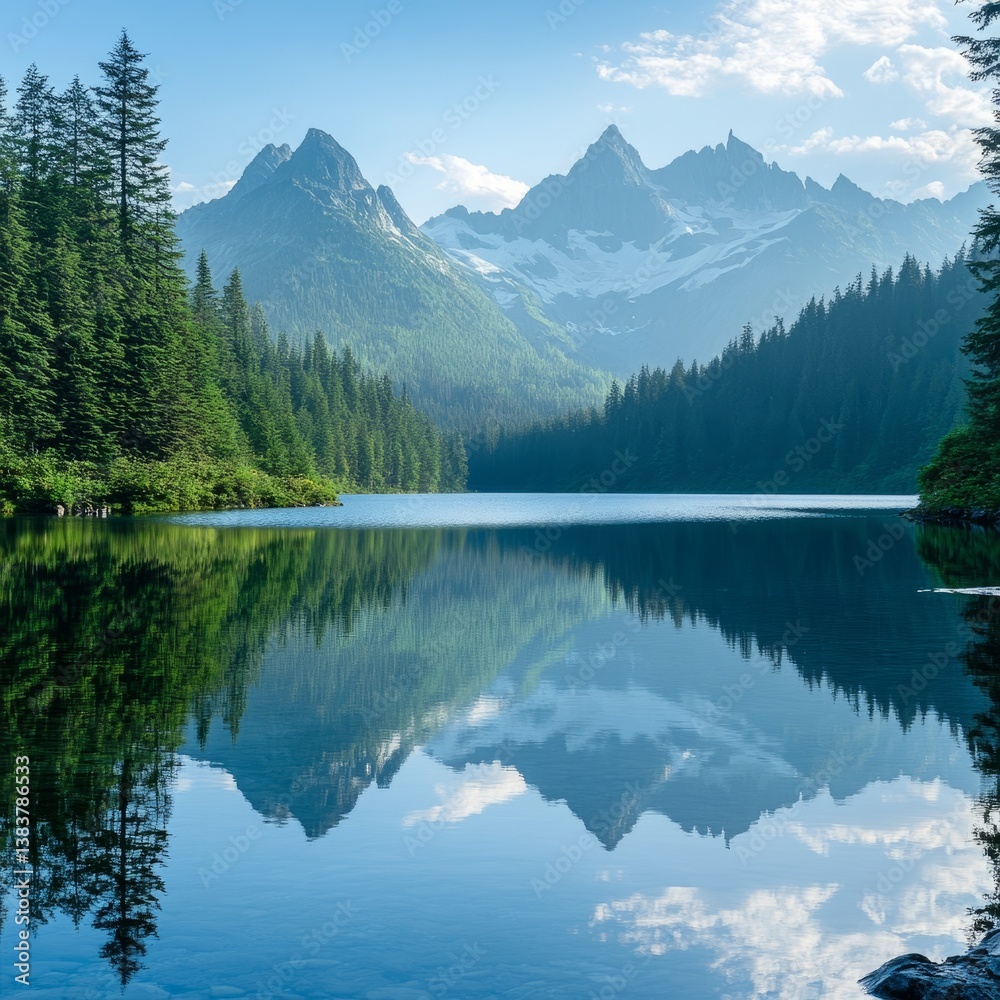 Fototapeta premium Stunning Mountain Reflection in Crystal Clear Lake Surrounded by Pine