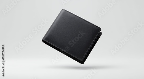 Elegant black leather wallet floating against a pristine white backdrop, showcasing minimalist design