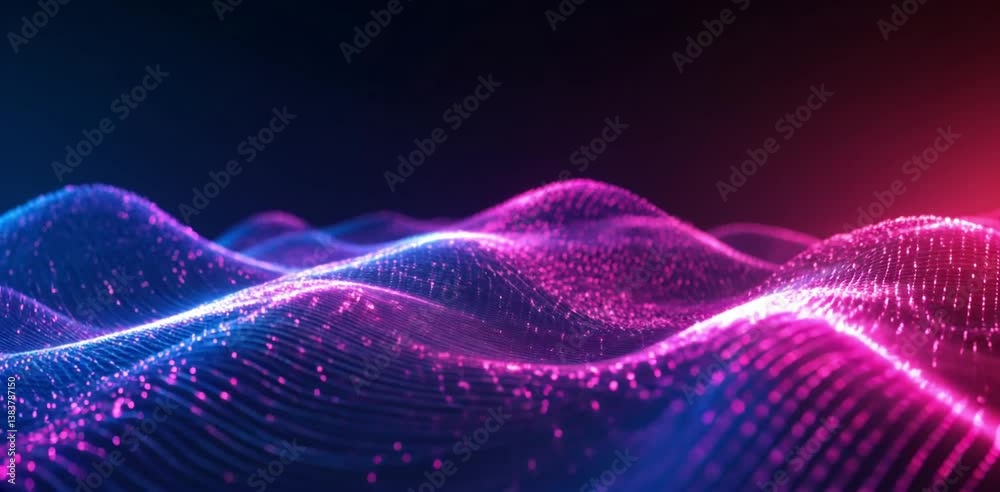 Ondas de audio tecnológicas virtuales moviéndose como olas, colores neón, fondo abstracto. 
