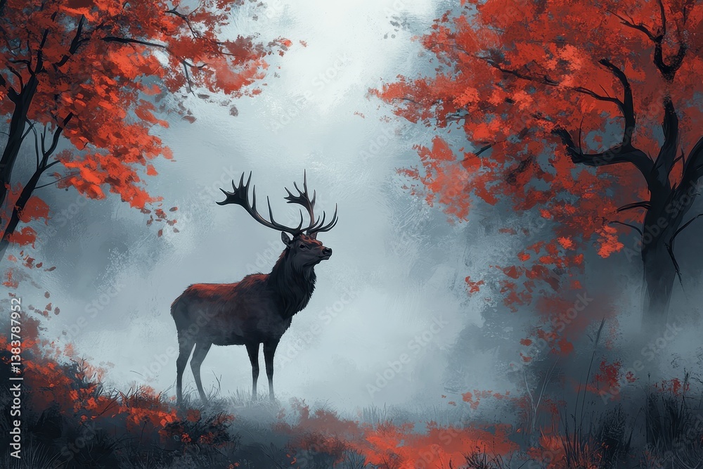 Fototapeta premium Red deer stag during rutting season in Autumn Fall landscape Majestic Red Deer Cervus elaphus stag in the morning mist UK .