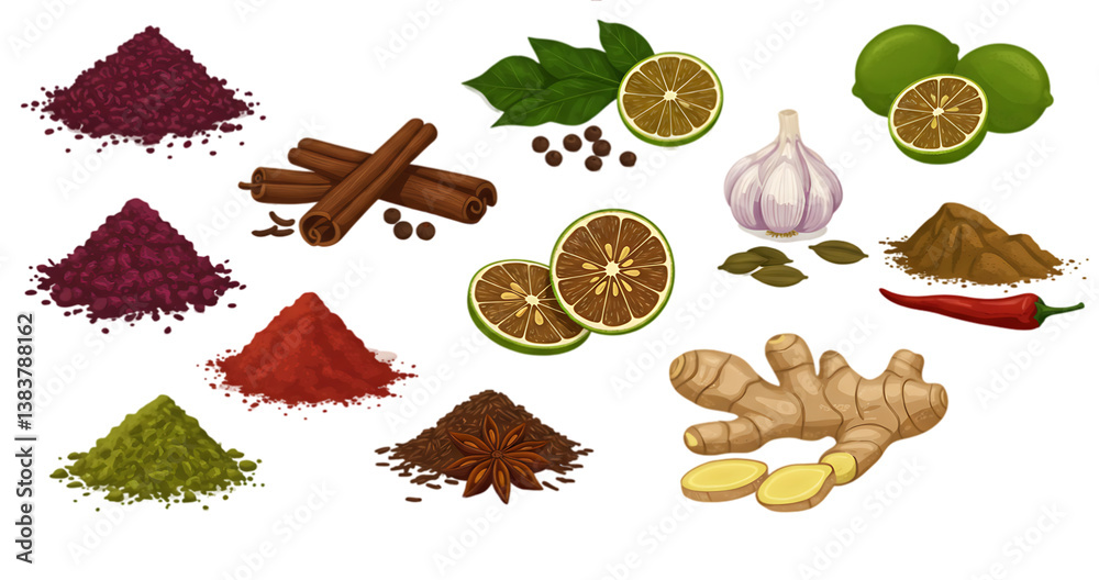 Culinary Spices: Powders, Ginger, Garlic, Limes, Cinnamon, Pepper, and Chili, a Colorful Food Still Life. Culinary Spices: Powders, Ginger, Garlic, Limes, Cinnamon, Pepper, and Chili, a Colorful Food Still Life.