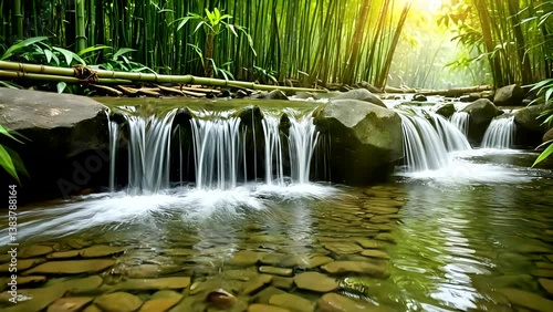 Clear waterfall flowing over rocks surrounded by bamboo forest with sunlight streaming through. Nature serenity concept