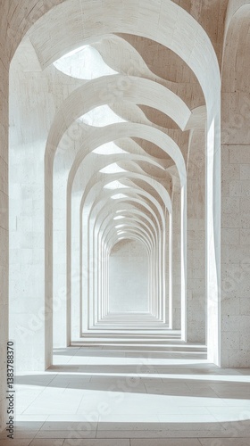 Bright sunlight floods through elegant arches  casting intricate shadows on smooth white walls. This tranquil hallway invites exploration and reflection in a modern artistic space