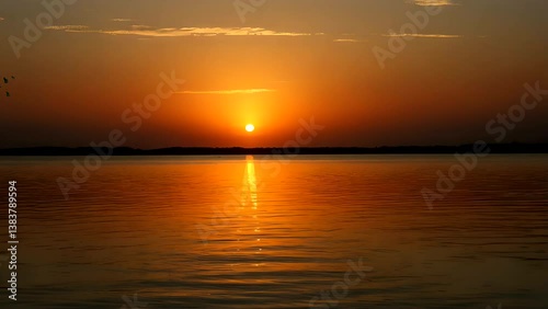 Golden sunset reflecting over smooth lake water with clear sky and peaceful horizon. Nature tranquility concept