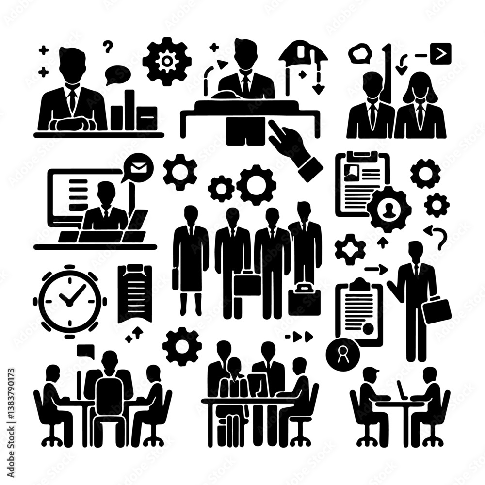 Fototapeta premium Business people icon set with various professions and activities in black silhouette style