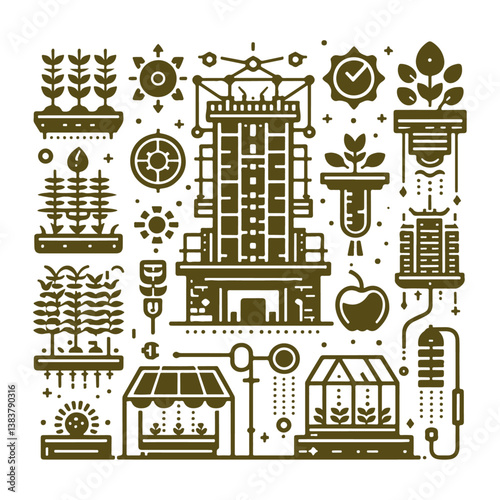 Vertical farming icon set, hydroponics and aeroponics symbols, futuristic agriculture, urban food production, smart greenhouse technology, modern line art vector graphics