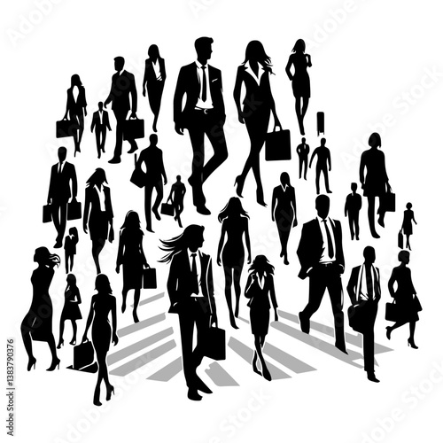 Silhouettes of a group of people in various poses and professions