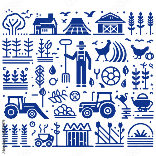 Line art farming illustrations, eco-friendly agriculture icons, urban farming, agribusiness concepts, seasonal farming, black and white minimalist vector design