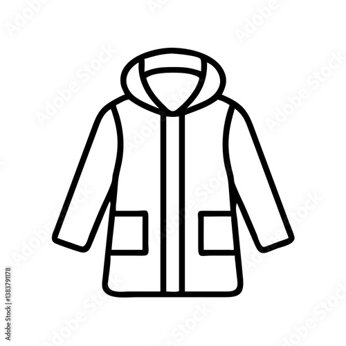 Outline hooded raincoat vector illustration, waterproof jacket for outdoor activities and fashion apparel