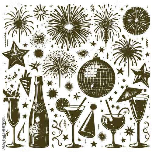 Fireworks display, hand-drawn party decorations, elegant cocktail glasses, disco ball glimmer, vintage New Year's Eve celebration, sketch-style doodles, stars and sparkles