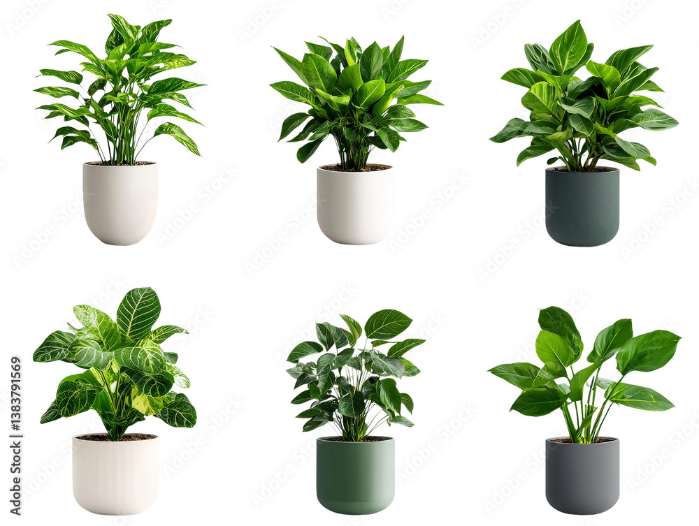 Fototapeta premium A set of indoor houseplants with different leaf patterns, isolated on transparent background, PNG file.