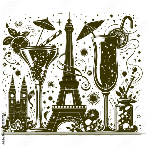 Celebration at a Parisian bar with wine, champagne, and the Eiffel Tower in the background, featuring a festive design and vintage decoration