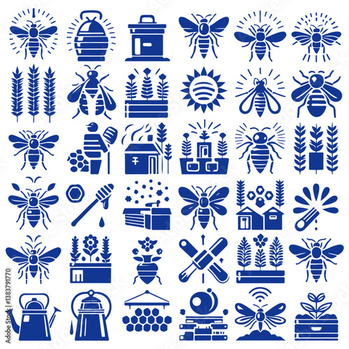 Beekeeping and pollination icons, honey production symbols, sustainable apiculture, biodiversity conservation, hive management, pollinator-friendly farming, black and white vector.