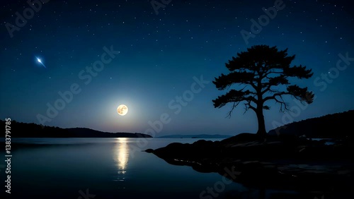 Full moon reflecting over calm lake beside silhouette of lone tree under star-filled night sky. Tranquil nature nightscape concept
