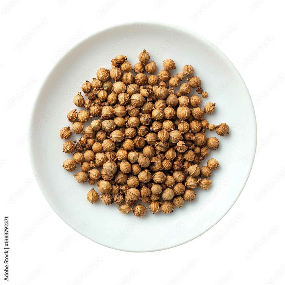 Coriander seeds arranged on a white plate against a clean background for culinary use, coriander seeds in plateisolated on Transparent background Coriander seeds arranged on a white plate against a clean background for culinary use, coriander seeds in plateisolated on Transparent background