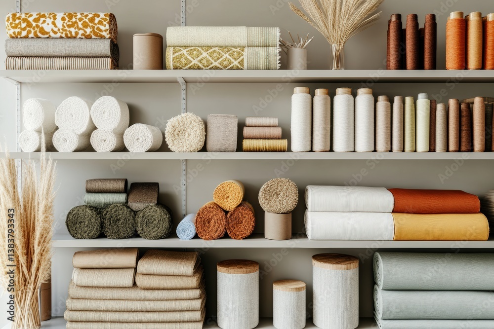 Obraz premium Contemporary office design featuring shelves filled with various fabrics Generative AI