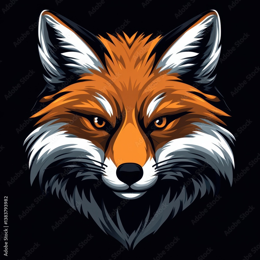 Creative illustration of a fierce fox head showcasing vibrant orange and black colors set against a dark backdrop Creative illustration of a fierce fox head showcasing vibrant orange and black colors set against a dark backdrop
