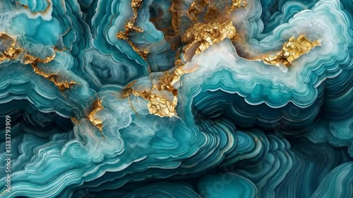 An abstract design featuring swirling turquoise and white patterns with gold accents, resembling natural stone or agate. The fluid shapes create a sense of depth and movement.