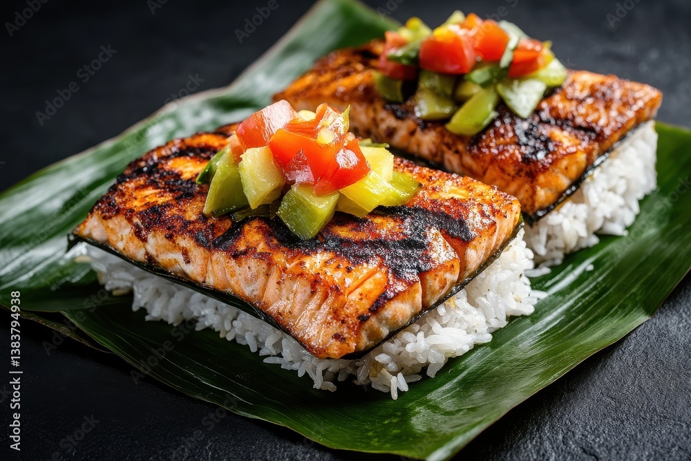 Rice with grilled salmon on a banana leaf on a black background Nasi Lemak wrapped in banan leaf Malaysian Food and Malaysia Flag . Rice with grilled salmon on a banana leaf on a black background Nasi Lemak wrapped in banan leaf Malaysian Food and Malaysia Flag .