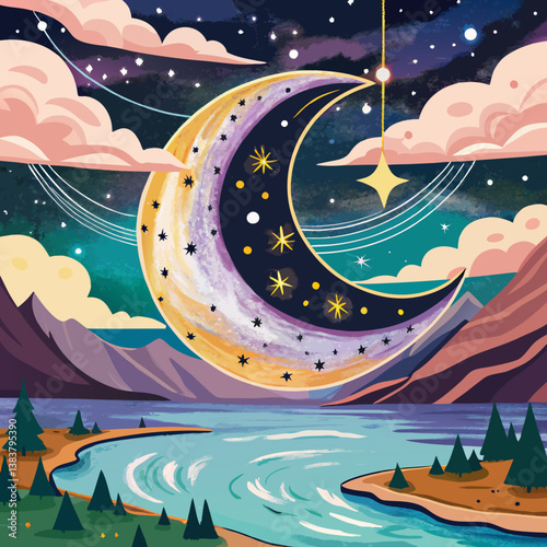 Crescent Moon over Mountains Lake Night Sky