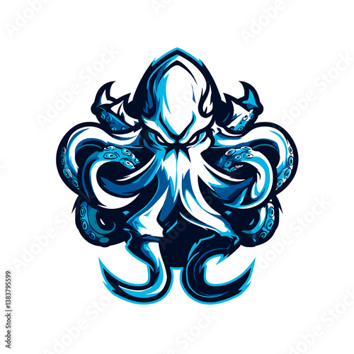 Esports vector logo featuring a side view octopus design in white and blue color scheme for gaming enthusiasts