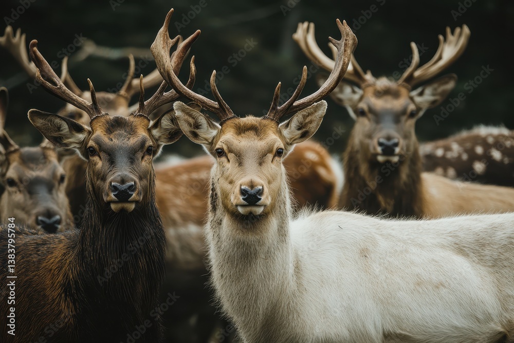 Group of deer with antlers grazing peacefully in a forest during early morning Group of deer with antlers grazing peacefully in a forest during early morning