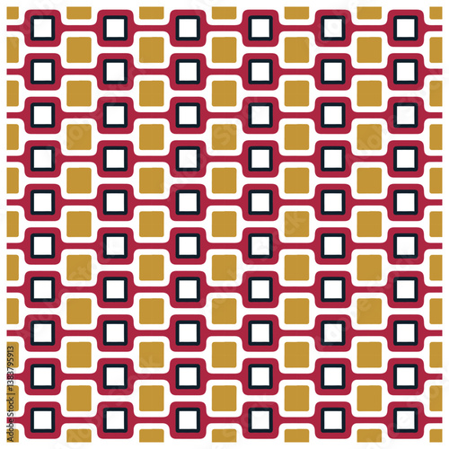 A repetitive pattern of staggered golden, maroon, and white squares on a beige background.

