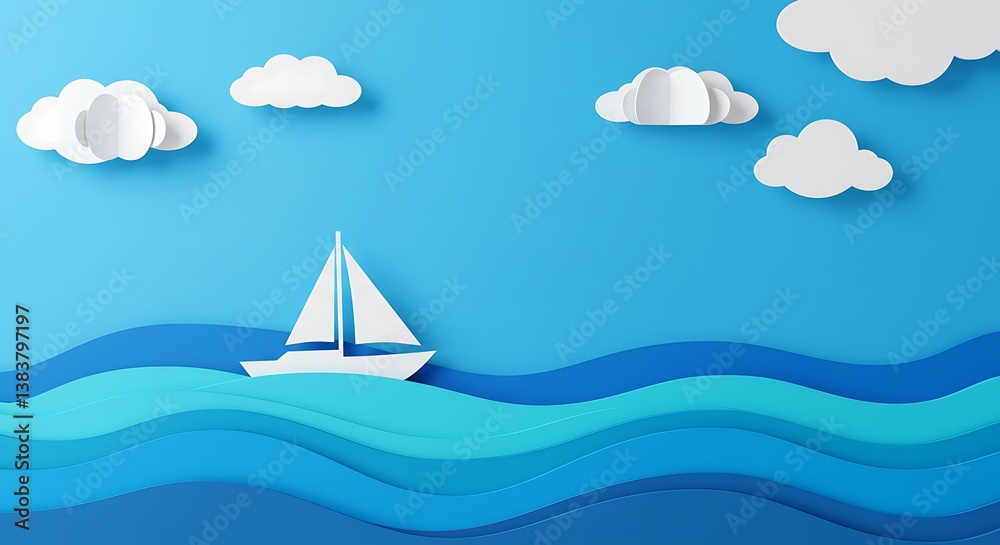 Naklejka premium Paper Seascape: Azure Voyage AI Generated