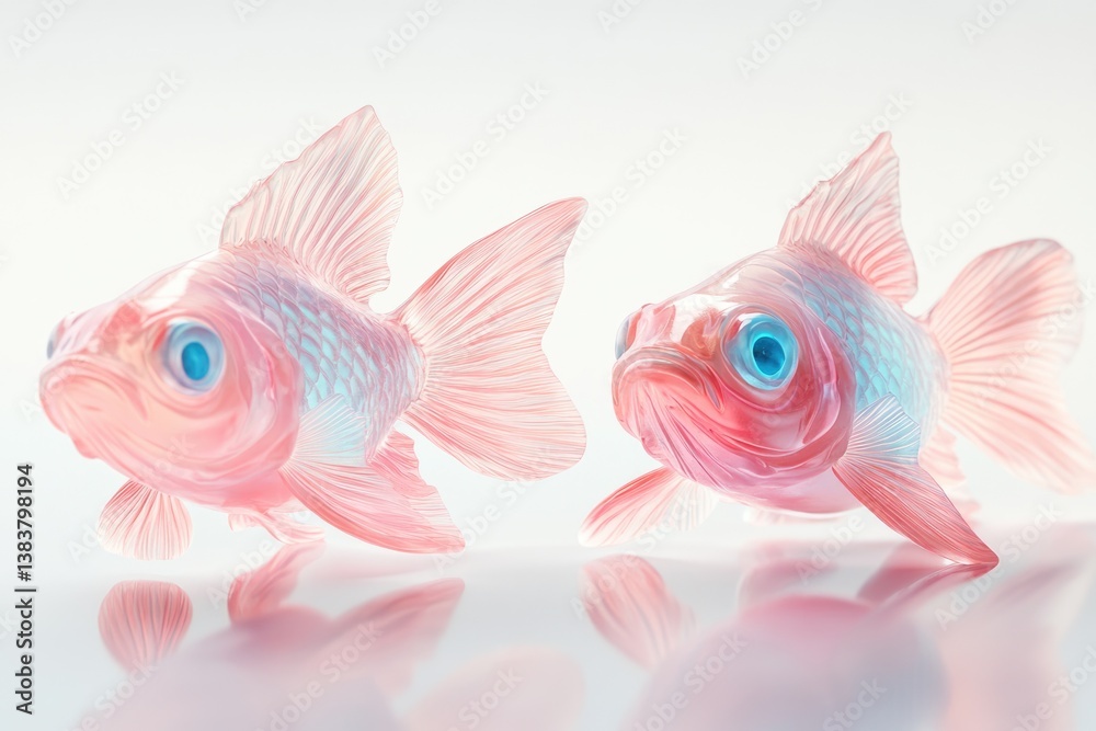 Fototapeta premium Two translucent pink goldfish with vibrant blue eyes, elegantly posed against a soft white background.