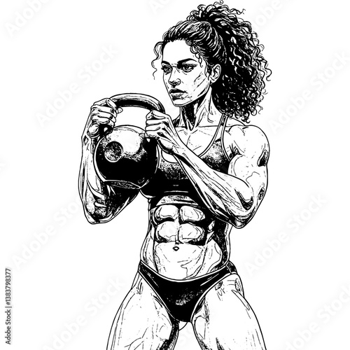 Detailed black and white illustration of a muscular woman holding a kettlebell, showcasing her toned physique. Fitness and strength art.


