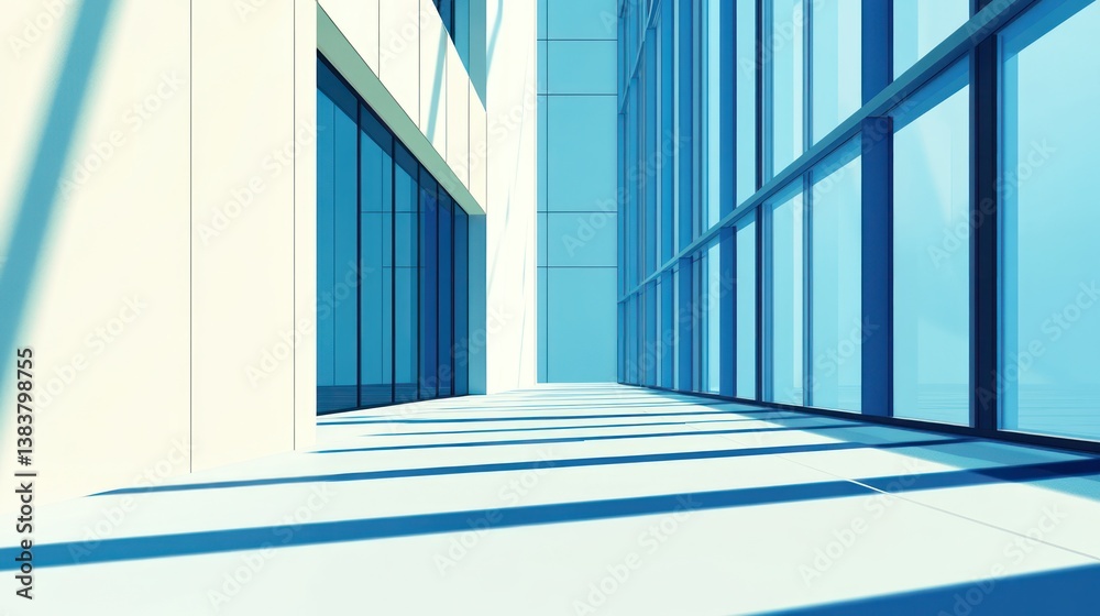 Obraz premium Modern city building walkway, sunlight, glass, architecture, urban background, business