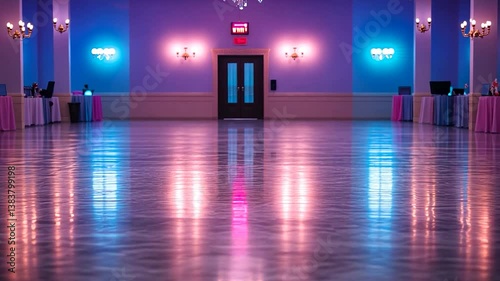 Elegant event space with polished floor, colorful lighting, and tables set for a celebration