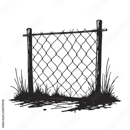 Chain-link fence with grass in a minimalist black and white style  