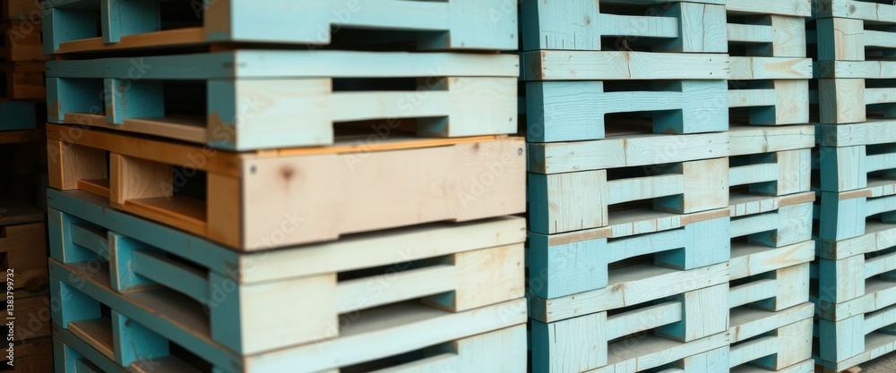 Stacked Wooden Pallets Blue and Natural Wood Warehouse Inventory Logistics Shipping Stacked Wooden Pallets Blue and Natural Wood Warehouse Inventory Logistics Shipping